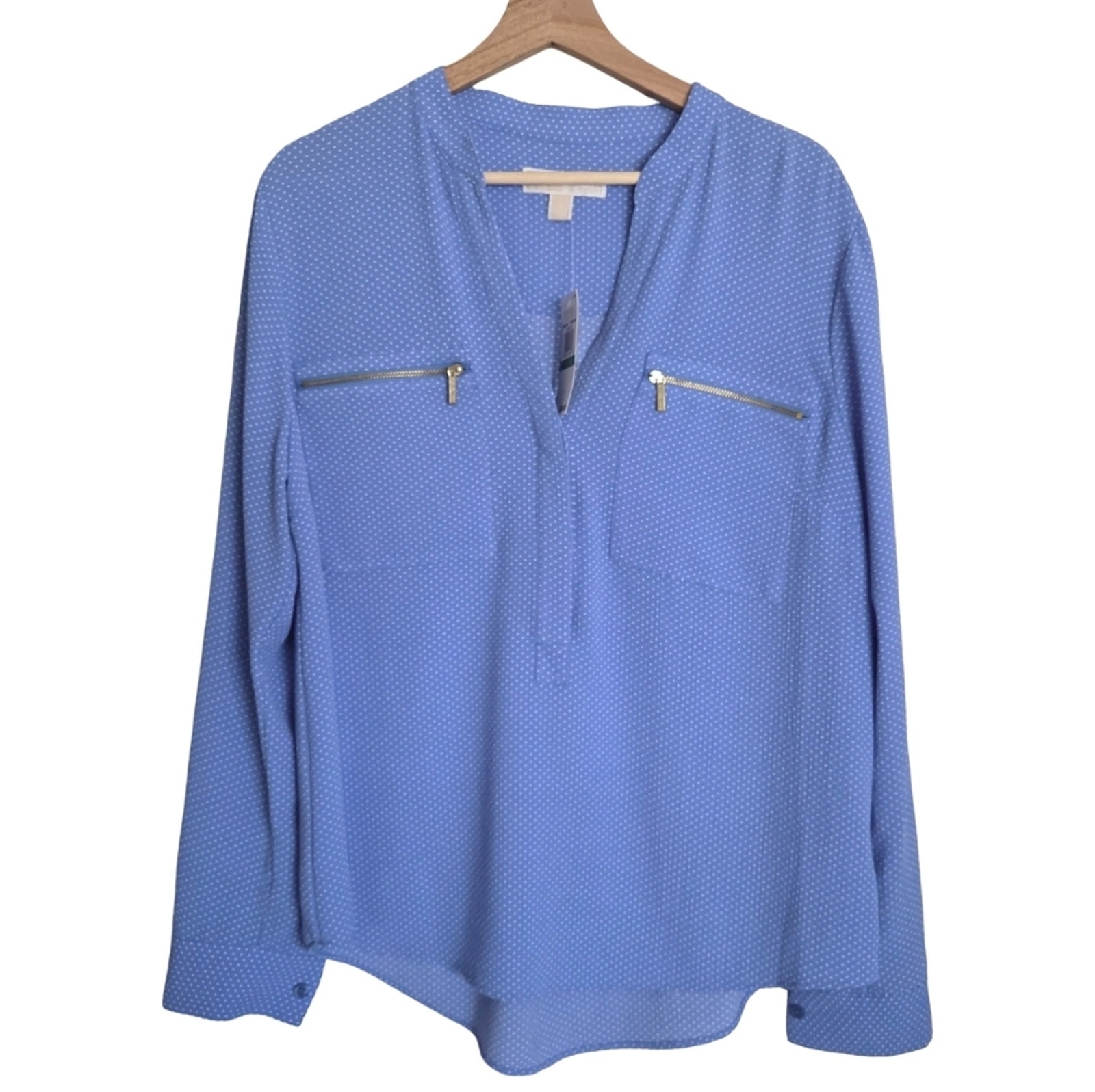 Nwt Michael Michael Kors | Zip Pocket Roll Tab Polka Dot 1/2 Button Up Blouse